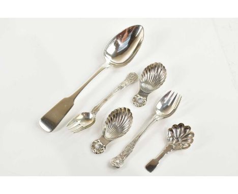 CHARLES MARSH; a George IV hallmarked silver rat tail serving spoon, Dublin 1828, a pair of Victorian hallmarked silver runci