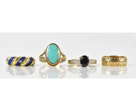 An 18ct yellow gold and blue enamel decorated dress ring (enamel damaged), size L 1/2, approx 5g, a 9ct yellow gold wedding b