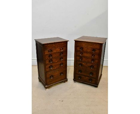 A pair of narrow oak pillar type chests of six drawers, with hinged covers, height 92cm, depth 53cm, width 53cm (2).