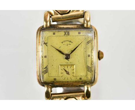 ROTARY; a 9ct yellow gold gentleman's vintage wristwatch, with Roman numerals and subsidiary seconds hand to the rounded squa