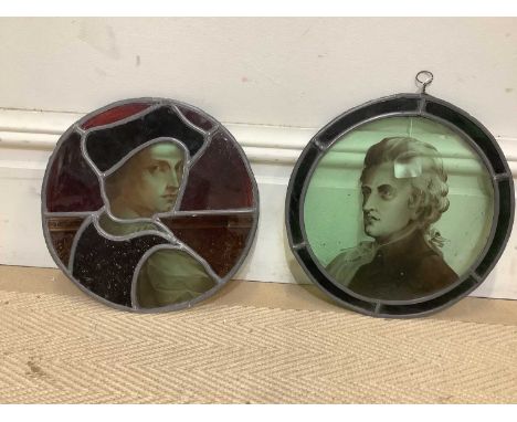 Two circa 1800 circular stained glass panels representing portrait Mozart, diameter 27cm, and a portrait of Andrea del Sarto,