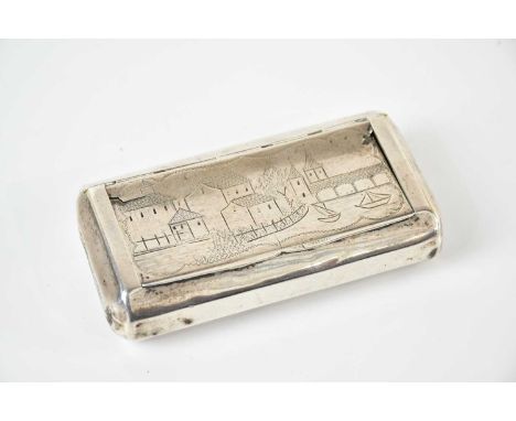 An Eastern white metal snuff box of rectangular form, decorated with village scene, approx 2.81ozt/87.5g.