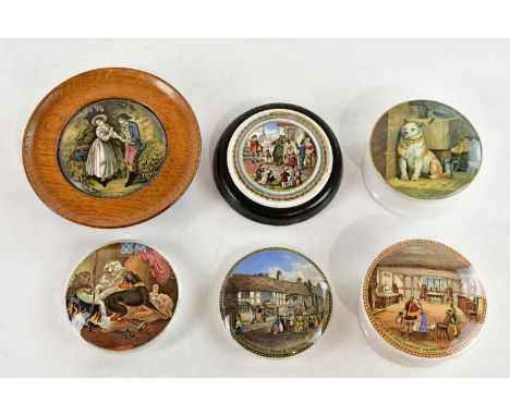 F. R. PRATT; six Prattware pot lids including 'The Village Wakes', 'Shakespeare's House', etc (6).