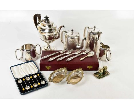 A collection of assorted silver plate, including Georgian Sheffield plate coffee pot, pair of bonbon dishes and assorted flat