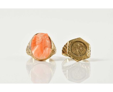 A yellow metal carved coral ring, size K, approx 4.6g, and a small 9ct yellow gold ring, size H, approx 2.5g (2).