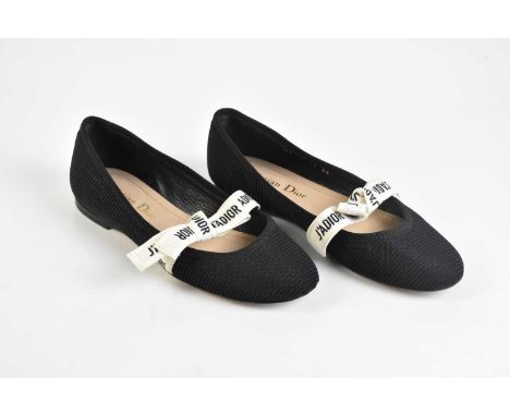 CHRISTIAN DIOR; a pair of Miss J'Adior black cloth ballet flats, with embroidered cream cotton ribbon detail to front, size 3