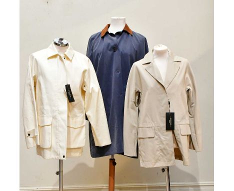 HARRODS; a full length blue lady's trench coat, with tan suede collar, size 10, two unworn Max Mara weekend overcoats, one be