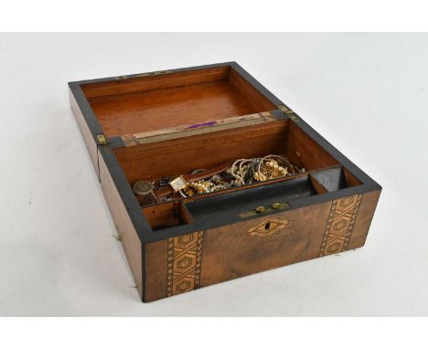 A quantity of costume jewellery including silver locket, 9ct gold plated bracelet, pearls, fashion watches and vintage brooch