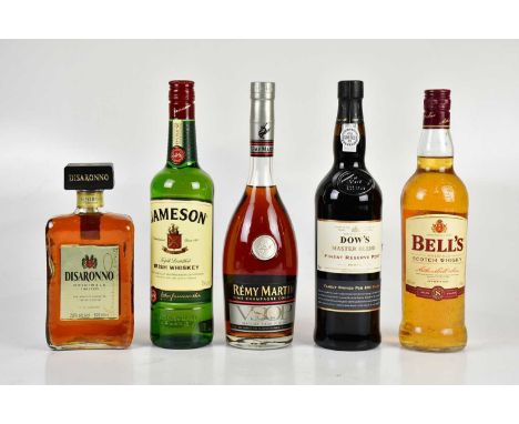 MIXED SPIRITS; five bottles of mixed spirits including Dow's Master Blend Finest Reserve Port, Remy Martin Cognac VSOP, etc (