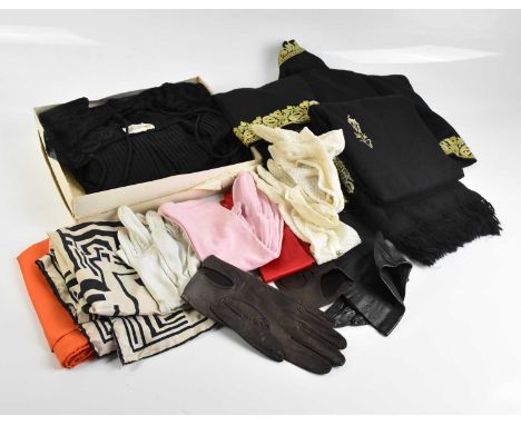 JANET REGER; a vintage black silk and lace négligée set of underpants and camisole top, unworn, in size 81cm, two silk scarve
