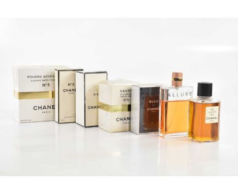 CHANEL; a quantity of vintage perfume comprising an unopened box of luxury bath powder No. 5, 150g, in cellophane, two unopen