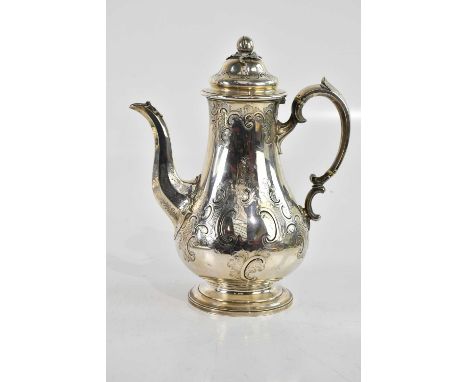X EDWARD JOHN & WILLIAM BARNARD; a Victorian hallmarked silver coffee pot of baluster form, with chased decoration surroundin