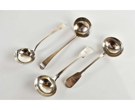 MICHAEL KEATING; a George III hallmarked silver sauce ladle, marks rubbed, length 17cm, with three further sauce ladles inclu