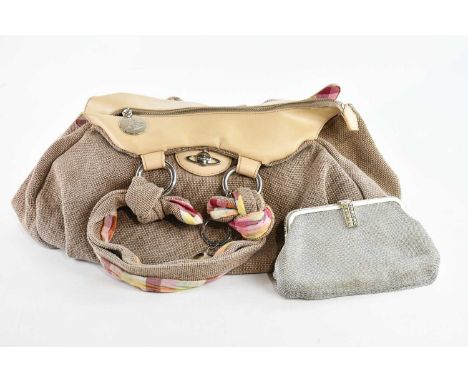 VIVIENNE WESTWOOD; a brown textured cloth handbag, with tan leather and plaid trim, silver tone hardware logo to front and la