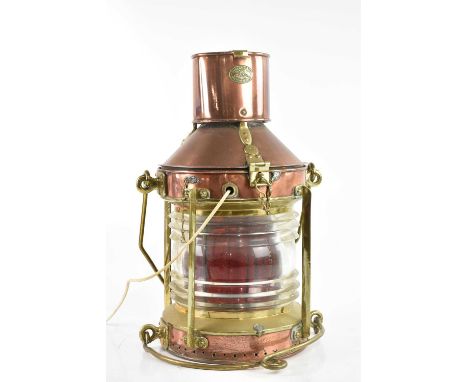 HUGH DOUGLAS, WALMSLEY STREET; a copper and brass ship's lamp, impressed with no. 198 and oval plaque, height 52cm.Condition 