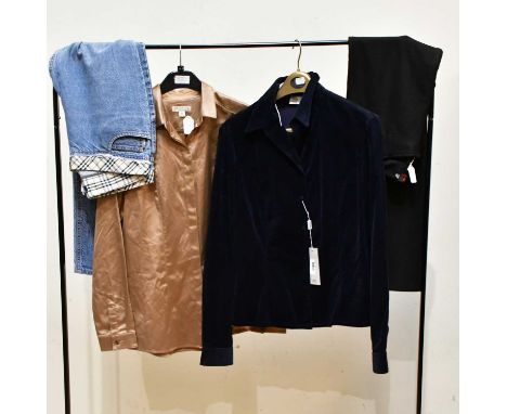 BURBERRY; a tan brown satin blouse, a pair of blue denim jeans with Nova Check top detail, size 10, a pair of Gucci black woo