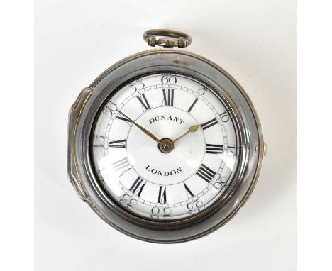 WILLIAM DUNANT, LONDON; a George II hallmarked silver pair cased pocket watch, the enamel dial set with Arabic and Roman nume