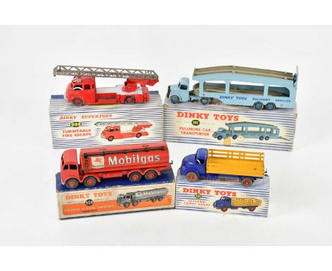DINKY TOYS; four boxed diecast vehicles 504 Foden 14-Ton Trailer, 931 Leyland Comet Lorry, 982 Pullmore Car Transporter, 956 
