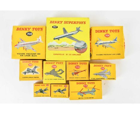 DINKY TOYS; ten boxed diecast models of aircraft including 706 Vickers Viscount Air Liner, 715 Bristol, 173 Helicopter, etc.