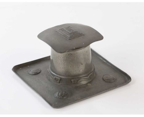 ARCHIBALD KNOX FOR TUDRIC PEWTER; an Arts &amp; Crafts inkwell of square form with embossed cartouche and roundels, impressed