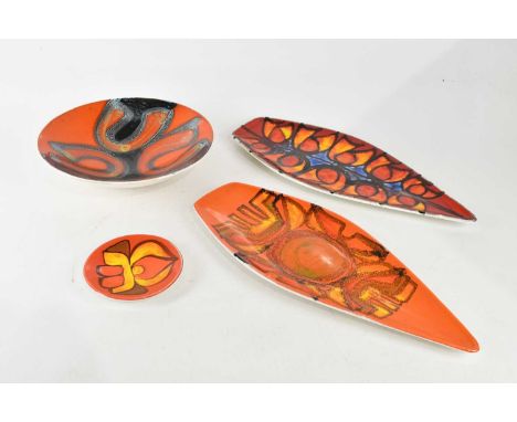 POOLE; a pair of Delphis ware dishes, 43cm, with bowl and small dish (4)Condition Report: Bowl with staining and heavy crazin