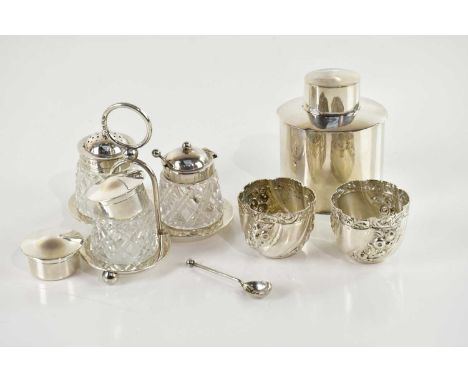 GEORGE UNITE; an Edward VII hallmarked silver tea caddy, Birmingham 1906, a pair of hallmarked silver open salts, a pair of h