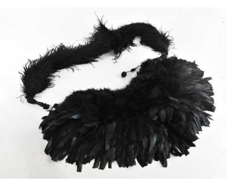 A vintage black rabbit fur collar, fringed with black and green iridescent feathers, with toggle closure, and a black ostrich