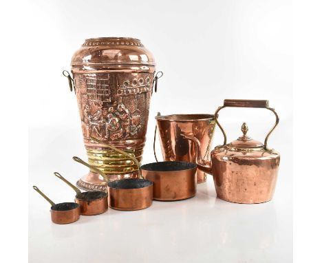 A copper Arts and Crafts stick stand, height 47cm, copper bucket, copper kettle and a set of four copper and brass pans (4). 