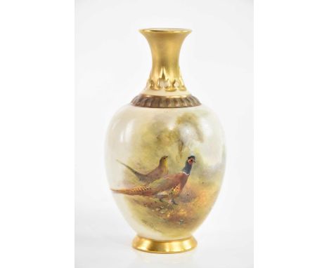 JOHN STINTON FOR ROYAL WORCESTER; a hand painted vase, decorated with pheasants, height 12cm.Condition Report: Very light wea