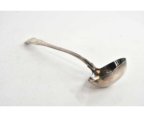 MARY CHAWNER; a William IV hallmarked silver soup ladle in the Kings pattern, with engraved family crest, London 1834, length