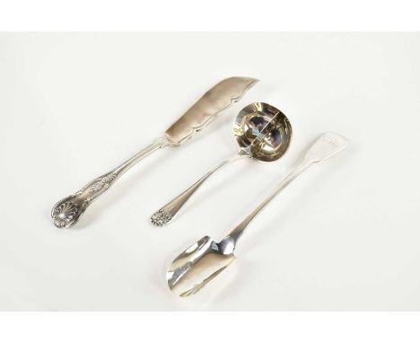 BENJAMIN DAVIS; a George IV hallmarked silver cheese scoop, London 1825, a George V hallmarked silver sauce ladle with centra