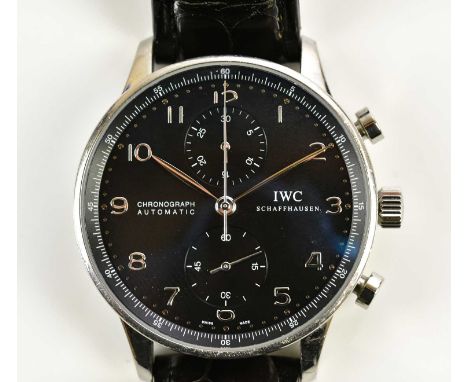 INTERNATIONAL WATCH COMPANY (IWC); a gentleman's stainless steel Portuguese chronograph automatic wristwatch, the black dial 