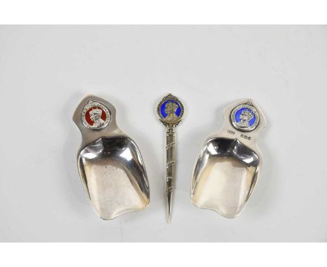 WILLIAM HARE HASLER; two George VI hallmarked silver and enamel Coronation caddy spoons and matching toothpick, Birmingham 19
