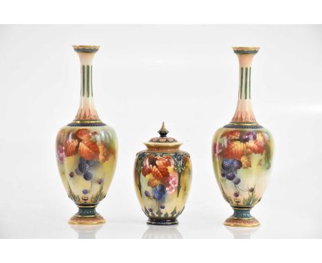 KITTY BLAKE FOR ROYAL WORCESTER; a hand painted vase, decorated with fruit and leaves, with similar example signed 'M Blakes'