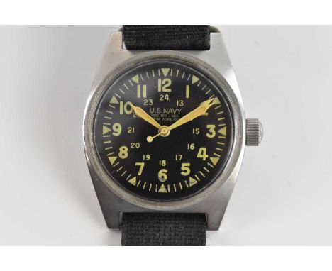 US NAVY; a manual wind wristwatch, the black dial set with Arabic numerals, serial no. 5789.Condition Report: As catalogued t