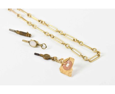 A Victorian 18ct gold trombone link Albert chain, length 38cm, approx 34.5g, a hardstone set pocket watch key and two further