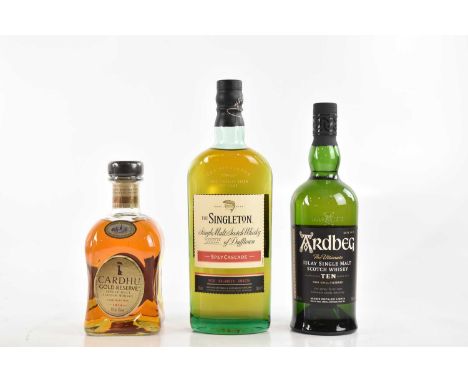 WHISKY; three bottles comprising a bottle of The Singleton Spey Cascade single malt Scotch whisky, a bottle of Ardberg 10 yea