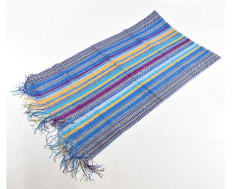 MISSONI; a blue, yellow and purple knitted thread scarf, with metallic weave, fringed ends and name tag, 180 x 45cm.Condition