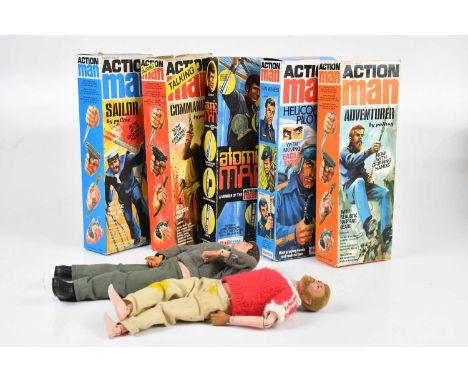 PALITOY; five boxed Action Men figures, including Action Man Adventurer with gripping hands and two further unboxed Action Me
