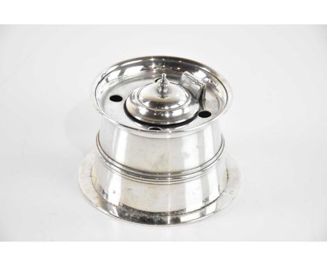 STOKES & IRELAND LTD; an Edward VII hallmarked silver inkwell of cylindrical form with four pen holders, the hinged cover enc