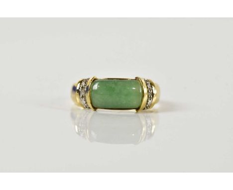 A yellow metal jade and diamond set ring, indistinctly stamped 18k, size S, approx 2.7g.