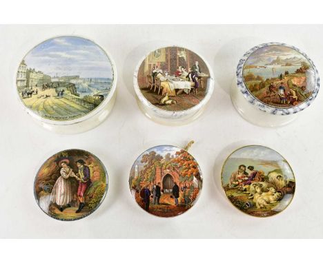 F. R. PRATT; a collection of six Prattware pot lids including 'If I ever plant in that bosom', 'Nelson Crescent, Ramsgate', '