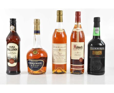 MIXED SPIRITS; a bottle of Cockburn’s Special Reserve, a bottle of Couvoisier V.S.O.P fine cognac, 70cl, (low in neck), a bot