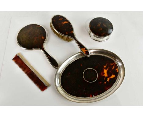 WALKER &amp; HALL; a George V hallmarked and tortoiseshell dressing table tray, stamped Birmingham 1925, with a hallmarked si