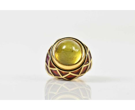 ELIZABETH GAGE; a large yellow metal enamelled and cabochon set dress ring, unmarked, size N, approx 27.7g, presented in an E
