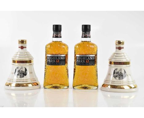 WHISKY; two bottles of Highland Park 12 year old Viking Honour single malt Scotch whisky, with two bottles of Bell's Christma