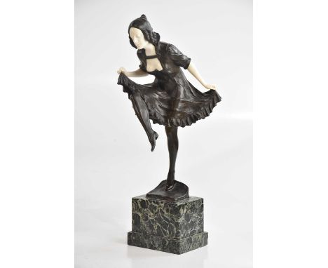 X ULRICH; an Art Deco bronze and ivory figure representing maiden dancing, on marble plinth base, height 38cm.RA7XQD7V
