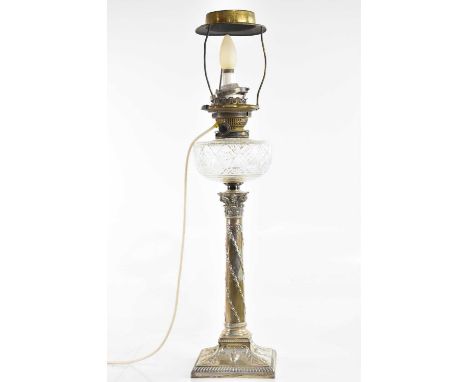 THOMAS BRADBURY &amp; SONS LTD; a Victorian hallmarked silver Corinthian column oil lamp, converted to electricity, Sheffield