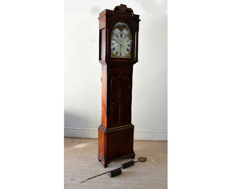 A 19th century eight day longcase clock, the painted dial set with moon phase and two subsidiary dials, set with Roman numera