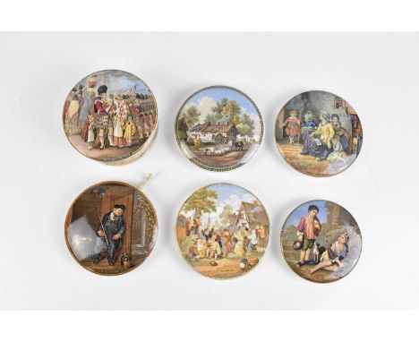 F. R. PRATT; six Prattware pot lids including 'Embarking for the East', 'On Guard', 'Hide and Seek', etc (6).